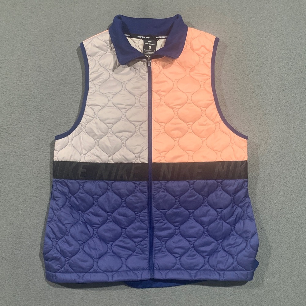 Nike AeroLayer Running Vest Womens Medium Blue Pink Quilted Full Zip Puffer Mock